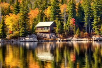 Obraz premium illustration wooden cabin by a lake in autumn trees