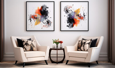 two abstract oil painting style framed prints above two chairs, Art Moderne Modern Interior Design