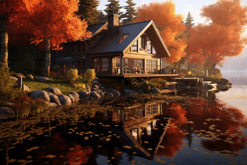 cabin by a lake in the fall