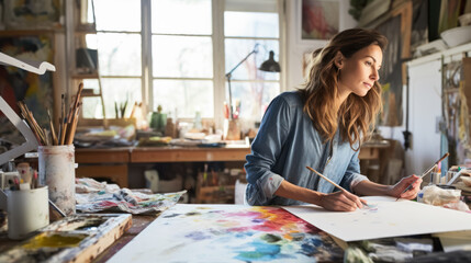 Artist working in her studio with paintbrushes and a print
