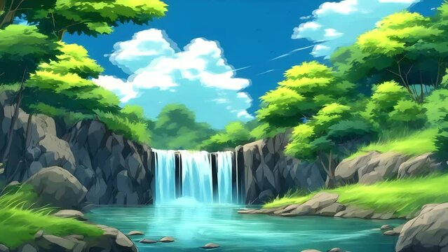 Anime style waterfall in the jungle looping video 4K HD