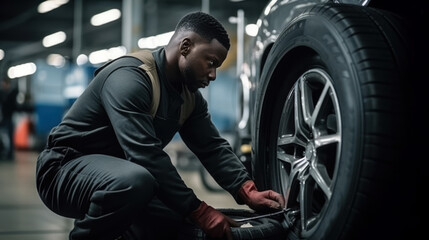 Auto garage worker Black African working together to fix service car vehicle wheel support together