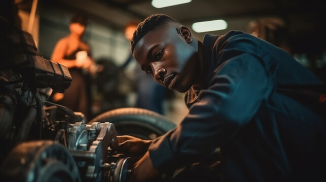 Auto garage worker Black African working together to fix service car vehicle wheel support together