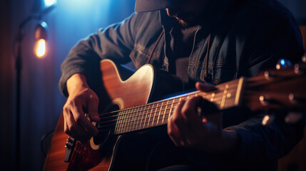 Obraz premium Guitarist and producer tuning his acoustic guitar