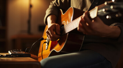 Fototapeta premium Guitarist and producer tuning his acoustic guitar