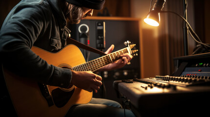 Obraz premium Guitarist and producer tuning his acoustic guitar