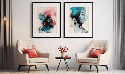 beautiful artist showcasing abstract woman portrait art, Art Moderne Modern Interior Design