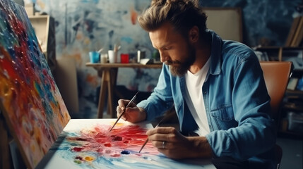 Fototapeta premium Inspired artist. Talented young man looking at the canvas while creating a masterpiece