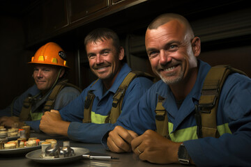 Three Firefighters Ready for Dinner, Smiling at Camera