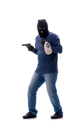 Young male burglar stealing money isolated on white