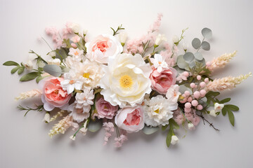 Flat lay celebrative wedding flower arrangement