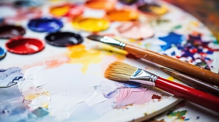 Fototapeta premium Set of watercolor paints and paintbrushes for painting closeup