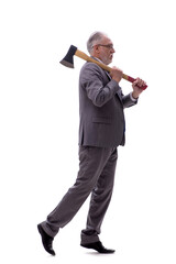 Fototapeta premium Old businessman holding hatchet isolated on white