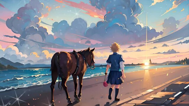 anime girl watching sunset at the ocean digital art, painting, anime, art, Graphics, backgrounds, anime characters, anime wallpapers, cartoon, girl, fantasy