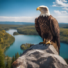 &Aacute;guila posada sobre una roca en la cima de una monta&ntilde;a y un paisaje con un lago y bosque 