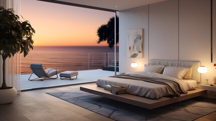 modern bedroom with a balcony looking out to the ocean during a sunset