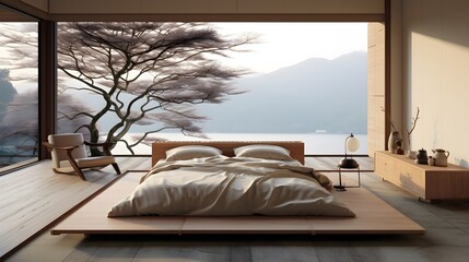 Japanese style bedroom with a view of a lake