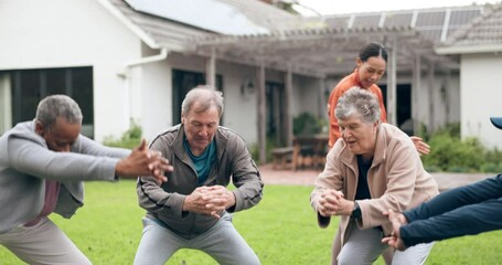 Class, coaching and health with old people and squat for support, fitness and challenge. Wellness, rehabilitation and physiotherapy with personal trainer in nursing home for energy and retirement