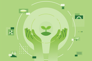 Hands raise plant with icons Alternative Energy sources for renewable, sustainable development. conservation eco concept