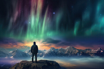 Back view of a man observing a beautiful scenery with northern lights in a night sky