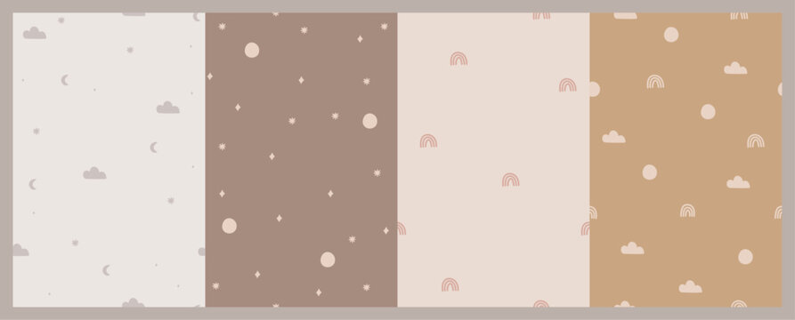 Fototapeta Hand drawn cute set of seamless patterns. Baby neutral print in pastel colors. Naive style. Boho sun, cloud, rainbow, stars, comet. Scandinavian decor for the nursery, baby shower, textiles