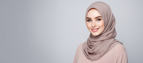  Young Malay hijab woman with gray copy space
