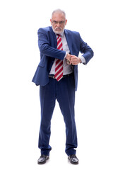 Old policeman with gun isolated on white