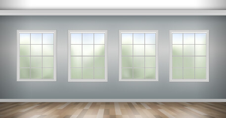 empty room classic interior with four windows  wooden floor vector illustration - 645873574