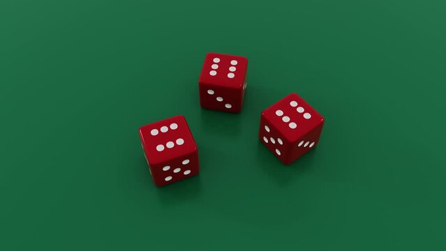 3D render animation footage of three dices rolling with the result of points. 