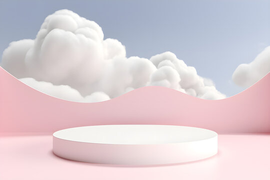 Podium and minimal cloud scene, 3d display product display presentation cosmetics products branding, Empty stage showcase identity and packaging design, ai generate © Black Pig