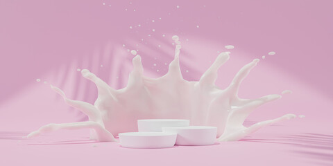 Liquid, water or Milk splashing in the podium white isolated on white background, 3d rendering.