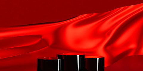 Red color podium on red fabric flying wave. Luxury background for branding and product presentation. 3d rendering illustration.