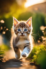 Cute little kitten running in the park at sunset. - obrazy, fototapety, plakaty