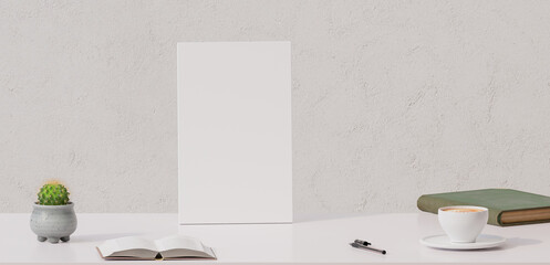 A desk, table frame, coffee, books, pens, and decorations are placed on the table. 3d rendering.