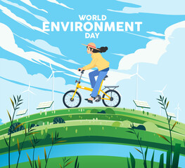 Word environment day. Woman riding a bicycle over green hills with energy fields sustainable renewable energy, solar panel, wind turbine