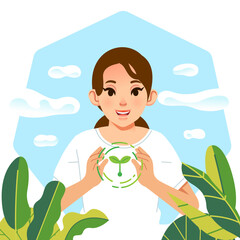 World Environment Earth Day. character woman holds handful soil with plant sprout seed. Sustainable lifestyle, green, ecological conversation, nature concept
