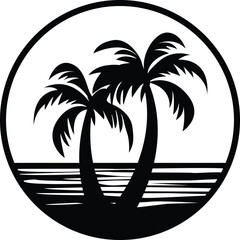 Black and white flat round palms and beach icon vector illustration - obrazy, fototapety, plakaty