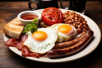 Fototapeta na wymiar Fresh english breakfast with sausage eggs toast beans and tomatos