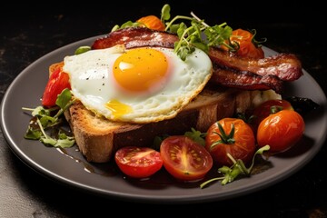 Fototapeta na wymiar Fresh english breakfast with sausage eggs toast beans and tomatos