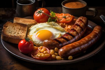 Fresh english breakfast with sausage eggs toast beans and tomatos - obrazy, fototapety, plakaty