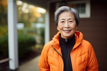 Smiling portrait of a happy senior asian woman outside of her home