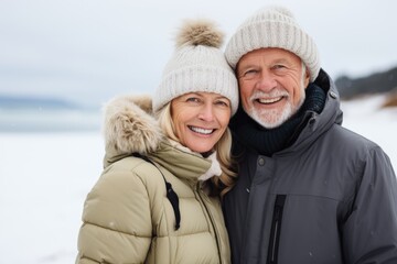 Smiling portrait of a happy senior couple on a beach during winter