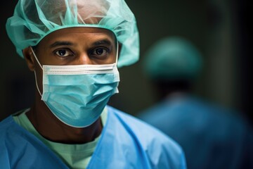 Close up portrait of a male surgeon or doctor performing surgery or operation in the operating room of the hospital