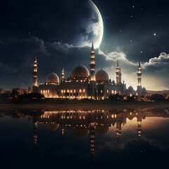 Ramadan night view with mosque and moon in the dessert