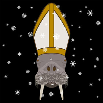 Head of a walrus wearing a Catholic Pope's mitre or Bishop's miter under snowflakes. Creative winter concept. Animal priest. Funny Christmas design.