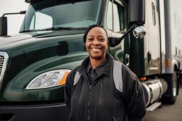 Smiling portrait of a Middle aged african american female trucker standing by her truck while working for a USA trucking company