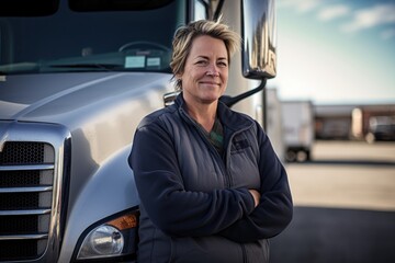 Smiling portrait of a female middle aged trucker working for a trucking company in the USA