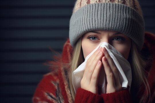 Woman Covering Nose with Tissue During Cold and Flu Season - Hat on Head Generative AI