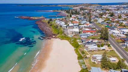 Aerial drone view of Shellharbour above Shellharbour North Beach on the New South Wales South...
