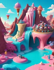 "Ice Cream Oasis: AI-Created Fantasy World with an Ocean of Differently Colored Ice Cream, Chocolate Ice Cream Waterfall, and a River of Delights"